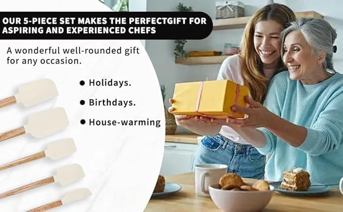 Ptanexx Wooden Handle Silicone Spatula Set 5 Piece, Batter Mixing Spatula, Spatula for Cooking, Jars, Baking, Mixing, Frosting