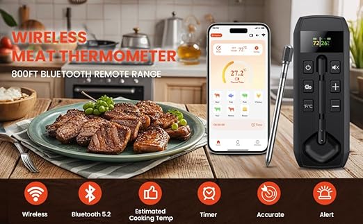 Wireless Meat Thermometer with Wireless Probe, 800Ft Remote Range Food Thermometer with iOS & Android Read App - Preprogrammed Temperatures, LCD Digital Cooking Thermometer for BBQ, Oven, Grill etc.