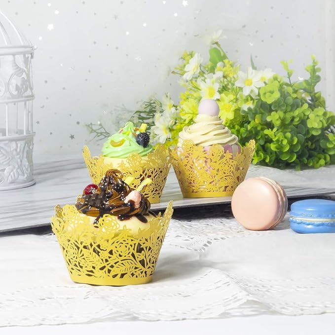 YOZATIA 60pcs Gold Rose Lace Cupcake Wrappers Holders, Laser Cut Cupcake Liners Decorative Liners for Wedding Party Birthday Cake Decoration Supplies