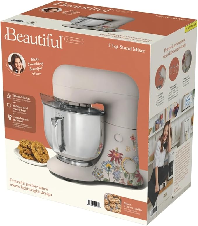 Beautiful 5.3QT Stand Mixer, 300W, 12 Speeds, Tilt-Head, Dishwasher-Safe, Splash Shield, Stainless Steel Bowl, Premium Matte Finish, for Baking & Cooking (Wildflower Porcini Taupe)