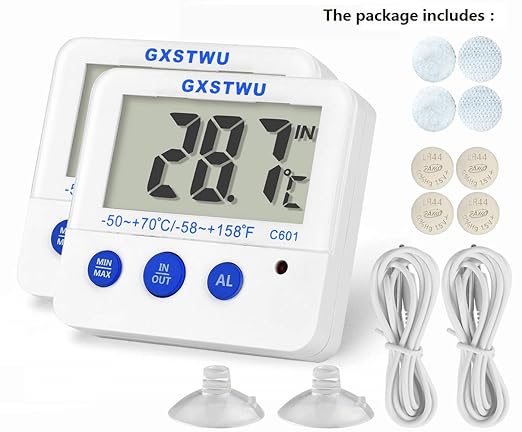 Fridge Freezer Thermometer Max/Min Memory High & Low Temperature Alarms Settings with LED Indicator Digital Refrigeration Thermometer with Magnetic,Stander (WhiteMeter2pack)