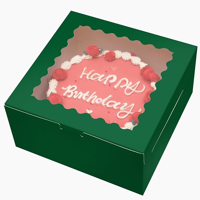 Bakepacker 36pcs 10x10x5 Inches Deep Green Cake Boxes with Window 18-Packs, 10 Inch Bakery Boxes (18 Cake Boxes +18 Cake Boards Included)