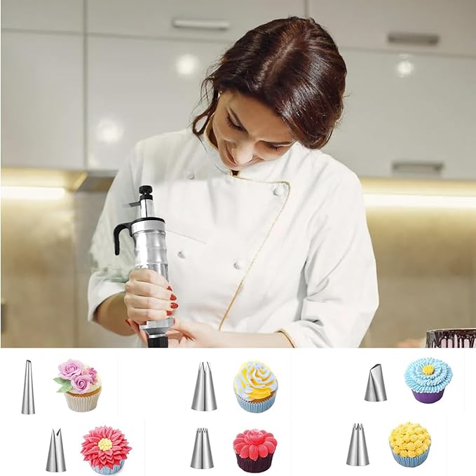 Icing Decoration Gun Set, Dessert Decorating Decorator Syringe with 6 Russian Piping Icing Nozzles Cake Decorating Tool Cupcake Frosting Filling Injector Cake Icing Tools