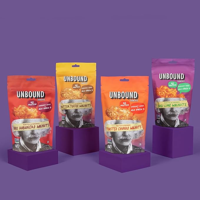 Unbound Snacks Flavored Nuts - BBQ Habanero Walnuts, 4 oz (Pack of 4) - Healthy Snacks, 4g Protein, 1g Sugar, High in Omega 3, Gluten Free, Vegan - Freshly Roasted & Seasoned Gourmet Walnut Halves