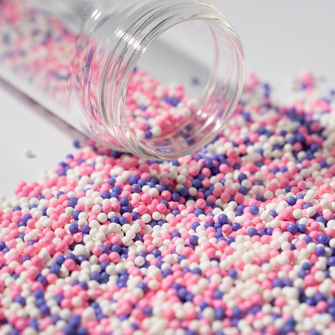Nonpareils Sprinkles 130g/4.6oz, White Pink Purple Edible Pearl Sprinkles for Cake Decorations, Baking, Ice Cream, Cookies, Cupcake Topper Sugar Pearls for Cake Decorating(2mm Pink Purple)