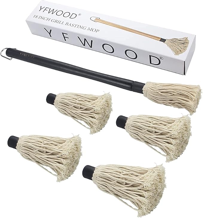 Grill Basting Mop, YFWOOD 18 Inch Grill Basting Brush BBQ Mop Black Wooden Long Handle with 4 Extra Replacement Heads for Grilling Smoking Barbecue Steak