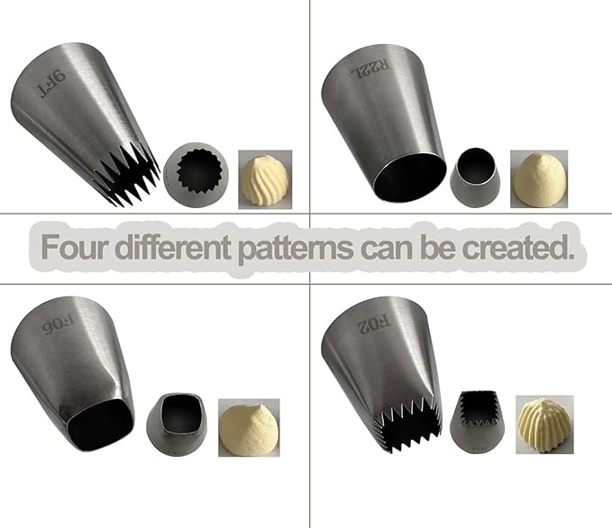 4Pcs Extra Large Piping Tips, Cookie Decorating Tools Cake Decorating Tips Frosting Icing Tips Piping Nozzles Baking Tools for Cupcake Cake Cookie Pastry, Food Grade Stainless Steel, F02 F06 9FT R22L