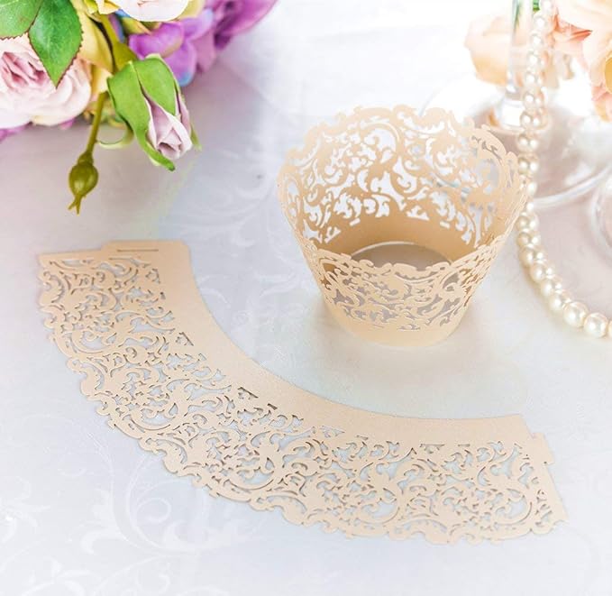 YOZATIA 60 Ivory Vine Lace Cupcake Wrapper, Laser Cut Cupcake Liners for Weddings Birthdays Tea Parties and any Special Event- Ivory