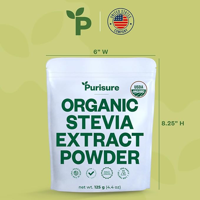 Organic Stevia Concentrated Powder, 125g, Organic Pure Stevia Powder, No Fillers, No Artificial Sweeteners, No Aftertaste, Zero Calorie Stevia Sweetener, Stevia Sugar Substitute, 4.4 oz, 846 Servings