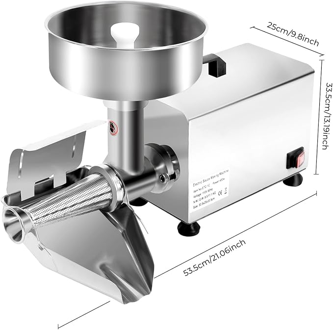 450W Electric Tomato Strainer, 304 Stainless Steel Tomato Mill Machine with Dia 4.8" Funnel, 50 Kg/H Pure Copper Motor Food Strainer and Sauce Maker for Tomato Sauce Silver 110V