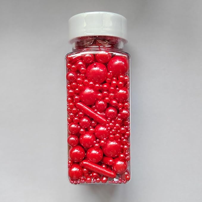 Edible Red Pearl Sugar Sprinkles Candy Mix Size Baking Edible Cake Decorations Cupcake Toppers Cookie Decorating Wedding Party Valentine Halloween Christmas Supplies 100g/3.53oz