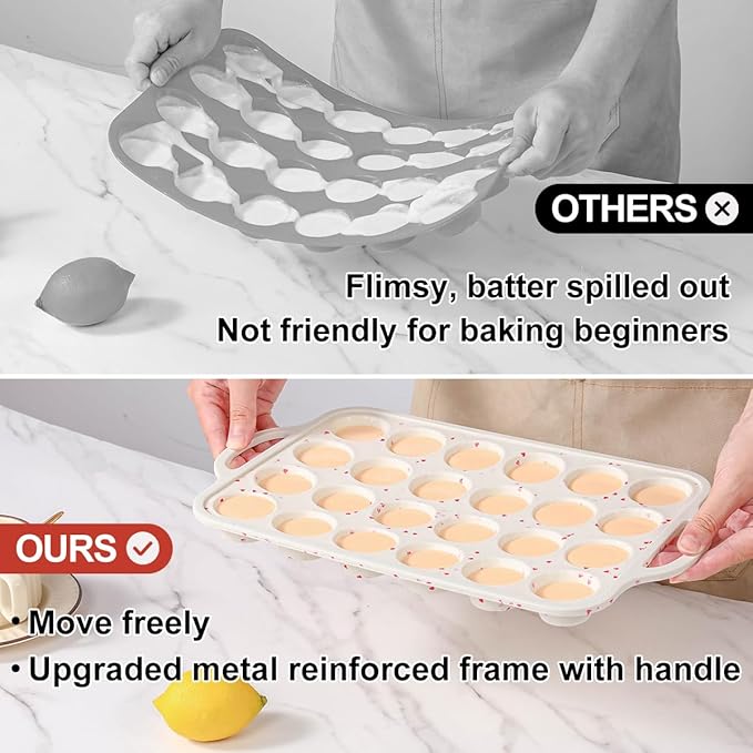Mini Muffin Pan, Metal Reinforced Frame Mini Cupcake Pans 24 Cups Nonstick Muffin Silicone Molds with Handle for Baking Muffins, Cupcakes, Egg Bites 2 Pack Heart-Shaped