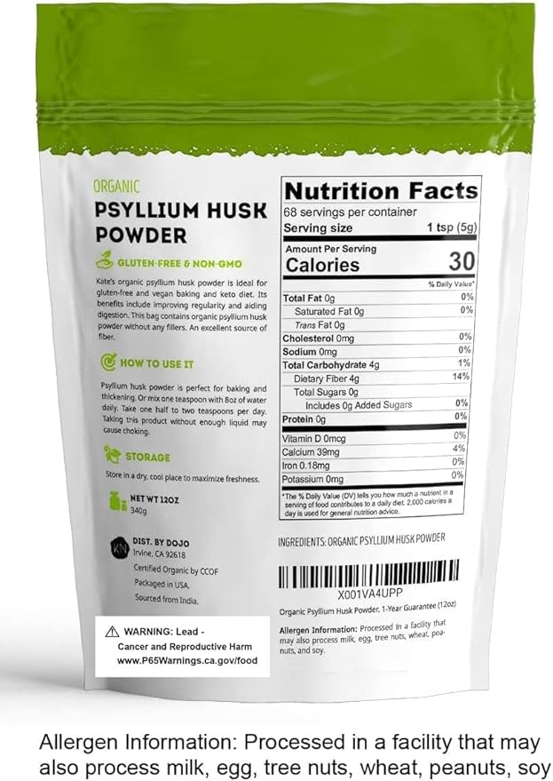 Kate Naturals Psyllium Husk Powder for Fiber, Digestion & Baking Bread. Mixes Easily with Juice & Smoothies (12oz, Organic, Gluten Free, Fine Ground)