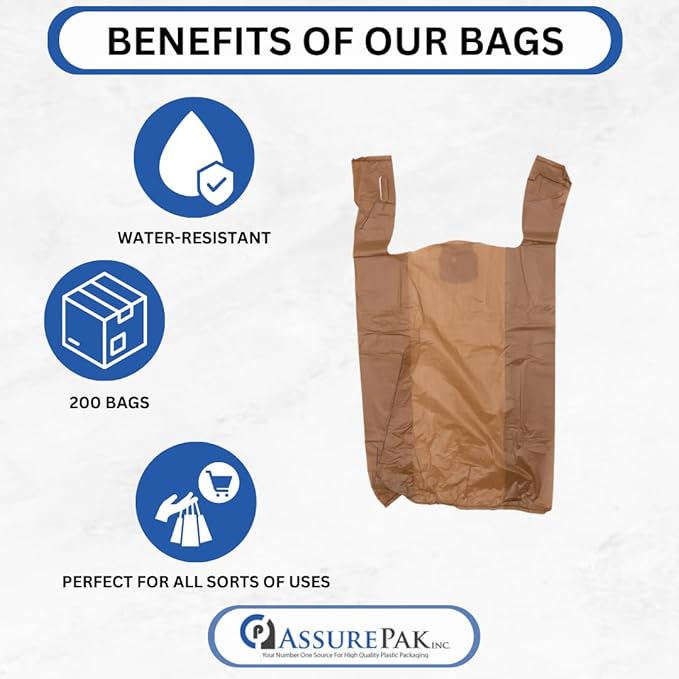 ASSUREPAK Brown HDPE T-Shirt Plastic Bags for Retail, Groceries, Merchandise, Convenience Store, Supermarket, Restaurant - 1/6 BBL, 11.5"X6"X21" - Pack of 200 Bags, 13 Microns - Unprinted (Brown)