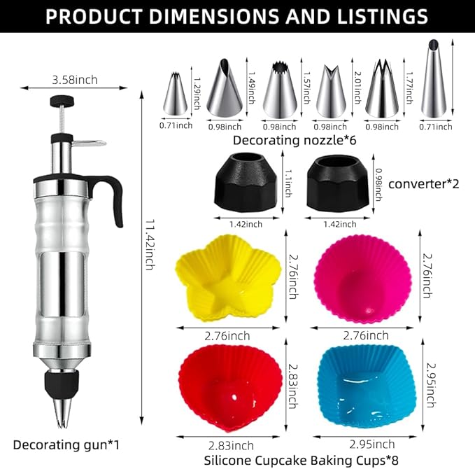 Dessert Decorating Syringe Set with 8 Silicone Cupcake Liners,Frosting Piping Nozzles Kit with 6Piping Tips,Stainless Steels frosting filling injector for Cookie,Cupcake Filler Tool,Dessert decorating