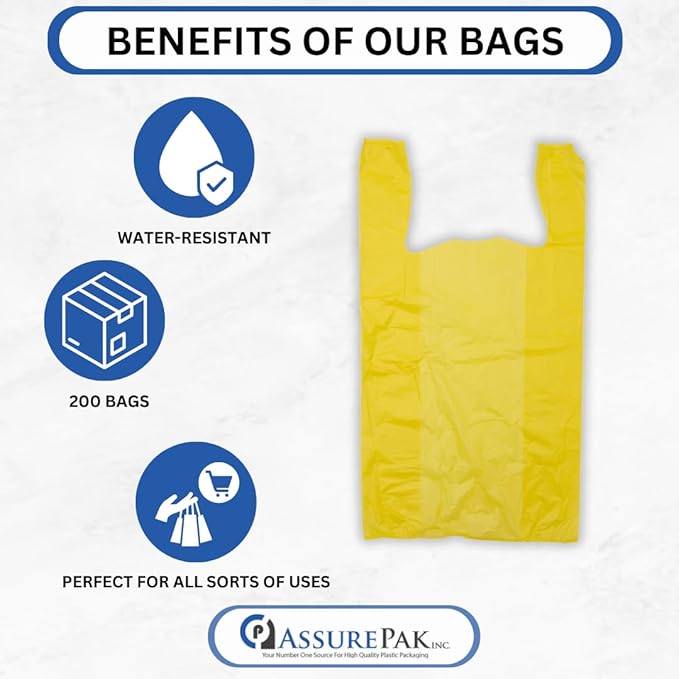 ASSUREPAK Colored Unprinted HDPE T-Shirt Bags - 200 Bags - 1/6 BBL 11.5"X6"X21" - 200 Units - 13 microns - Yellow - Perfect for Groceries, Shopping, Boutique Bags and Retail Stores LOOP-YELLOW