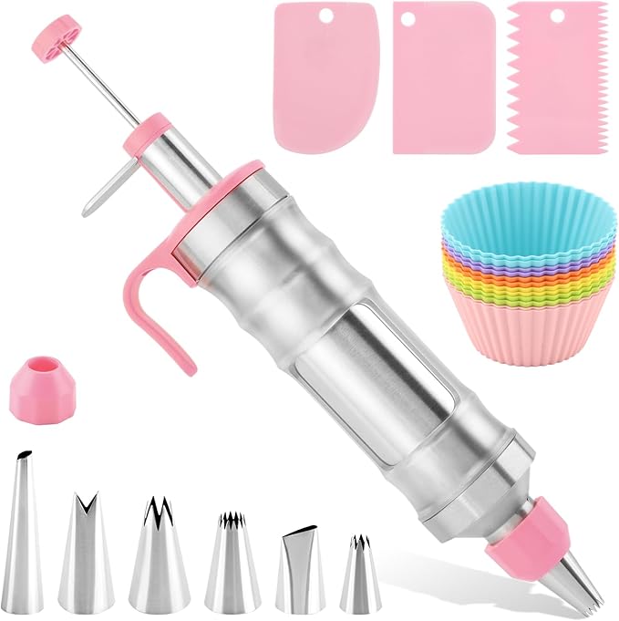 Dessert Decorating Syringes Set, Frosting Piping Kit Stainless Steels Cake Decorating Tool with 6 Piping Tips & 12 silicone cupcakes, Frosting Filling Injector Cake Icing Tools
