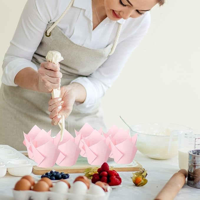 Jutom 200 Pack Tulip Cupcake Liners Paper Baking Cups Greaseproof Muffin Liners Grease Resistant Cupcake Wrappers for Weddings Birthday Cake Balls Muffins Candy Jelly Party(Pink)