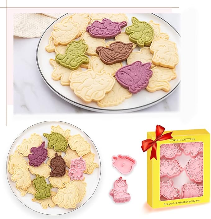 Novel Unicorn Cookie Cutters and Stamper, 6-Style 3D Unicorn Cookie Cutters Set for Kids Birthday Party and Festival (Pack of 12)