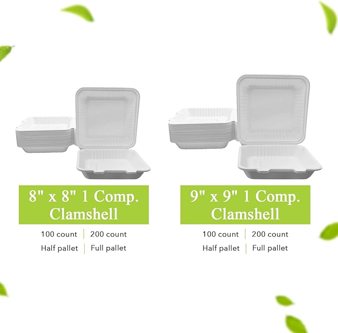three leaf 8" x 8" 1 COMPARTMENT BAGASSE CLAMSHELL, 50 Ct. Heavy-Duty- Super Strong- Natural- Eco-Friendly Disposable Bagasse Clamshell, 100% Biodegradable 8 inch clamshell