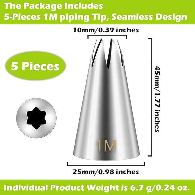 Suuker 1M Piping Tips, Stainless Steel Large Star Piping Tips Set, Cupcake Pastry Tips for Cookie and Cake Decorating, DIY Cream, 5 Pieces
