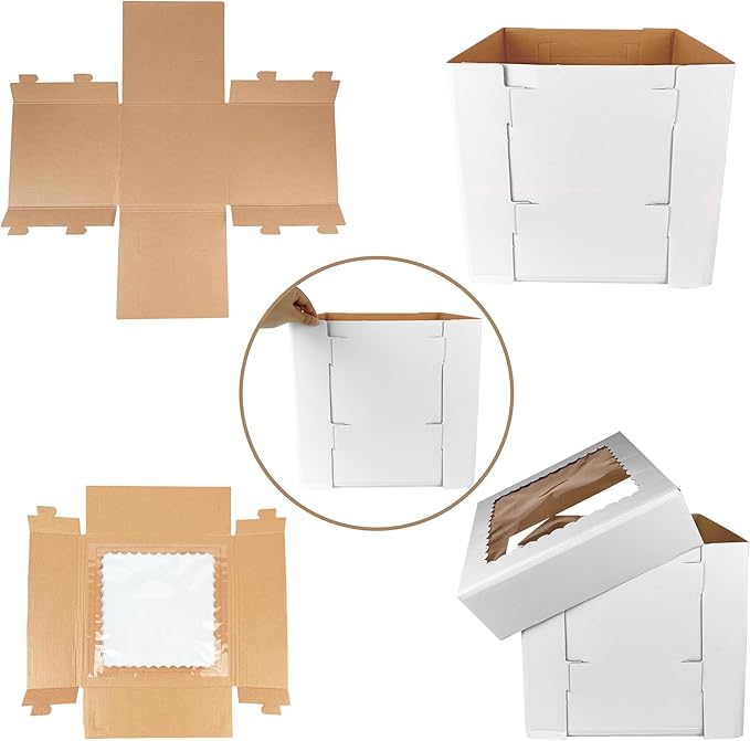 KEEPARTY 3PCS White Tall Cake Boxes 12x12x12inch with Window White Disposable Baking Box Container Wedding Cake Carrier