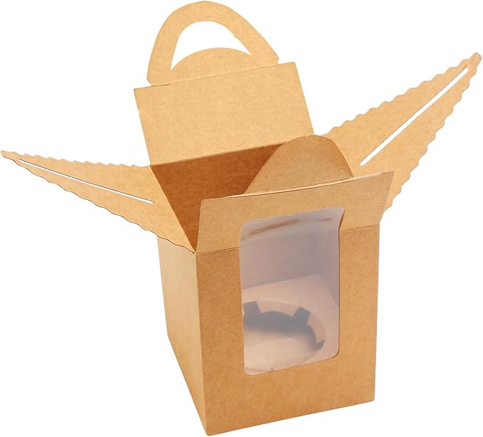 EUSOAR Cupcake Boxes Kraft Paper, 50pcs Portable Single Individual Paper Cupcake Holder Containers,Muffin Gift Boxes with Window Inserts Handle, for Wedding Birthday Party Candy Boxes