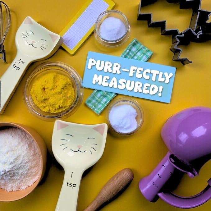 Cat Measuring Spoons - Cute Measuring Spoons Set w/Ribbon- Cat Kitchen Accessories for Cat Baking Supplies - Ceramic Measuring Spoons Set - Cat Themed Kitchen Items- Baking Gifts for Women (Set of 5)