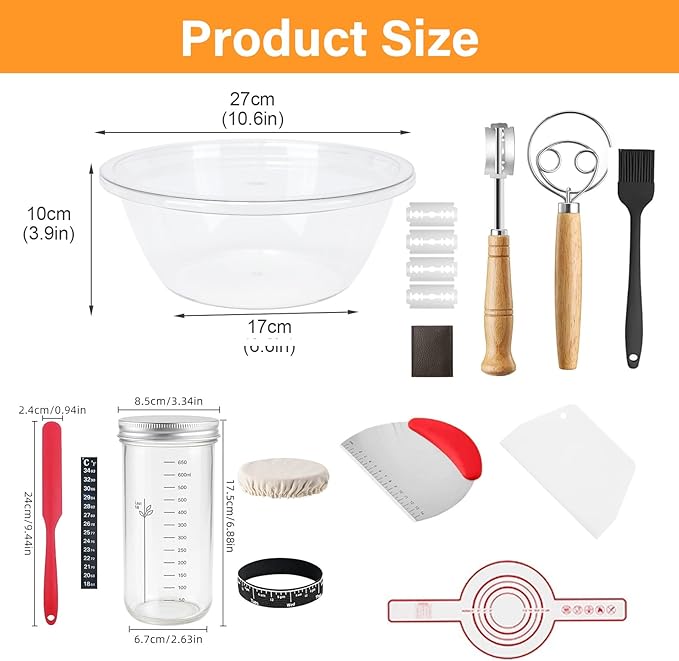 Sourdough Starter Kit,Sourdough Bread Baking Supplies with 24oz Glass Sour Dough Starter Jars and Mixing Bowl,Baking Accessories,Sour Doughs Tools,Bakings Mat Dough Scraper, Lid & More