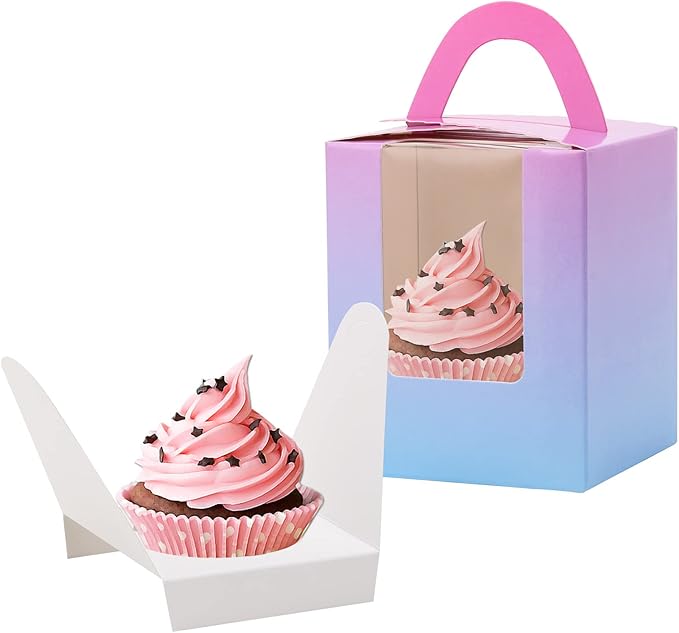 acDesign 100Pcs Single Cupcake Carrier With Window Handle and Inserts 3.6in*3.6in*4.3in Cupcake Boxes Individual for Bakery Wrapping Gift (Gradient)