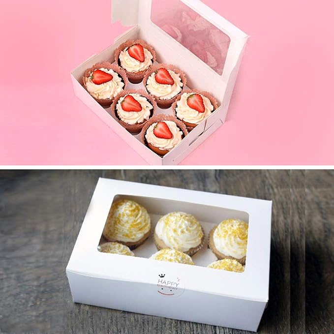 Pralb 20Pack White Cupcake Boxes with Inserts 6 Holders,White Standard Bakery Boxes with Pvc Window,Cupcake Containers Bakery Cake Box,Auto-Popup Cupcake Containers Carriers Bakery Cake Box(9x6x3inch)