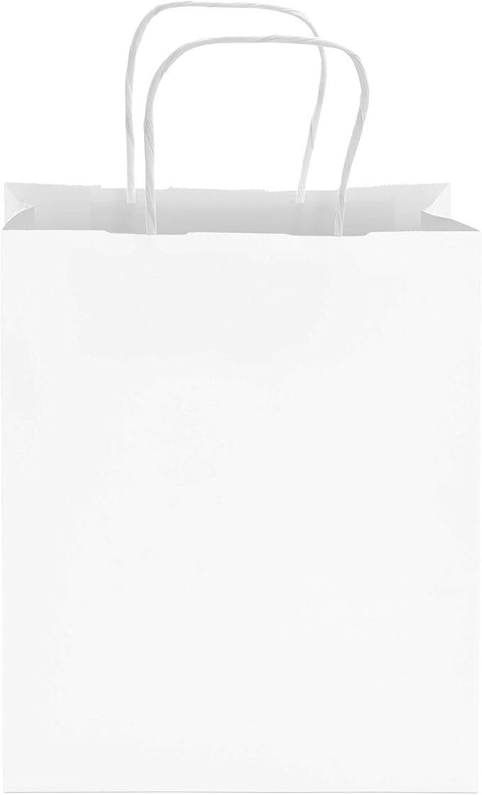 Prime Line Packaging White Paper Bags, Kraft Gift Bags with Handles for Small Business, Boutique, Retail, Shopping, Birthdays, Party Favors, Bulk, 8x4x10, 100 Pack