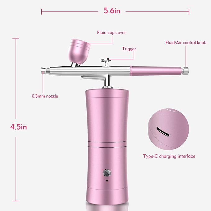 Cordless Rechargeable Airbrush Kit with Compressor - Adjustable High-Pressure Non-Clogging 0.3mm Nozzle Complete Set for Nail Art, Cake Decor, Barber, Model Painting & Makeup (PINK)
