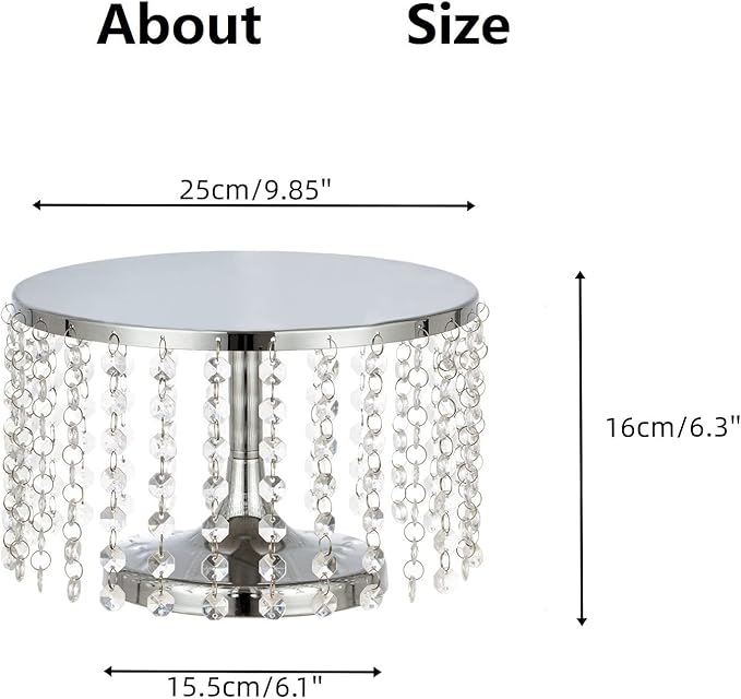 LANLONG Cake Stand for Dessert Table 10 Inch Silver Crystal Pendants Metal Cake Stand Serves as A Round Dessert Cupcake Display Plate for Table, Wedding, Party, Event