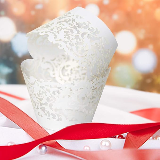 YOZATIA 60 White Vine Lace Cupcake Wrapper, Laser Cut Cupcake Liners for Weddings Birthdays Tea Parties and any Special Event- White