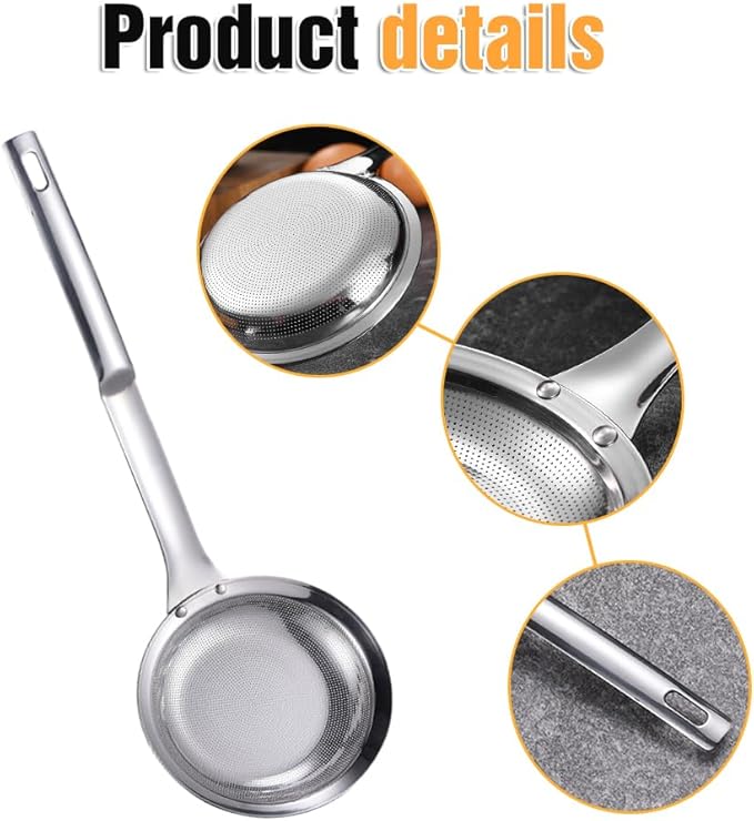 Fine Mesh Stainless Steel Colander, 2024 New Stainless Steel Fine Mesh Strainer for Oil Filter Skimming Grease and Foam, Premium Skimmer Spoon Fine Mesh Strainer with Long Handle (A-2Pcs)