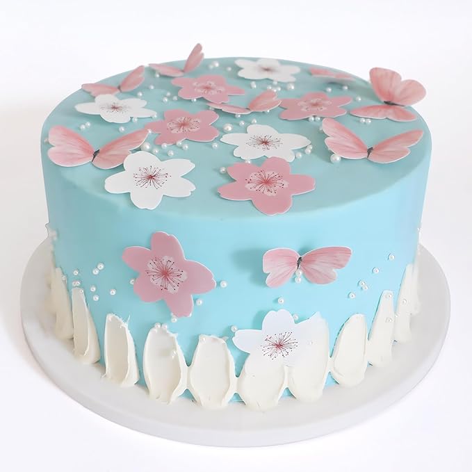 Pink Series Cherry Blossom Butterfly Edible Cake decoration Wedding pink theme Birthday party Wafer paper pink butterfly dessert decoration (Set 5【Mix 104pcs】)