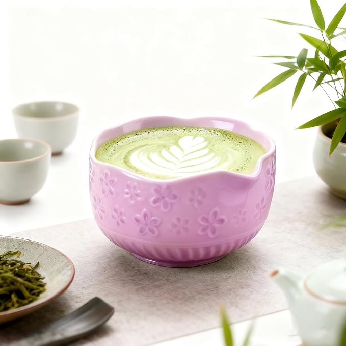 Matcha Set, 9 Pcs Ceramic Matcha Set Includes Bowl, Whisk and Holder, Bamboo Scoop, Scoop Rest, Sifter and Tea Towel ect- Complete Kit for Traditional Matcha, Modern Lattes (Purple)