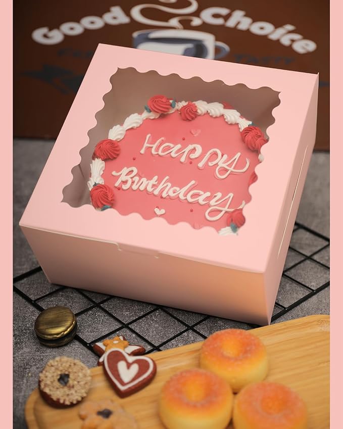 Bakepacker 8x8x5 Inches 36pcs Pink Cake Boxes with Window 18-Packs (18 Boxes +18 Cake Boards Included)