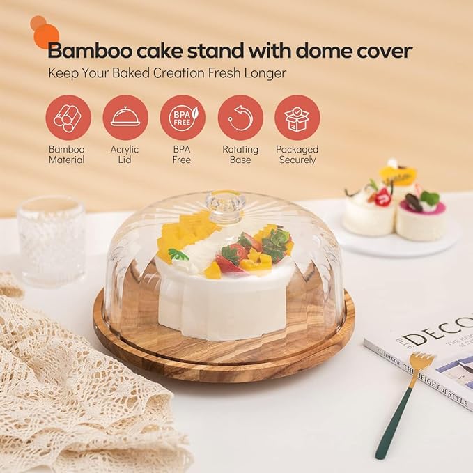 cutesun acacia wood cake stand with lid, 11.8'' Rotating Cake Stand with Dome, Shaterproof 10.4'' Acrylic Cake Display Cover, Cake Holder Tray for Wedding Gift,Kitchen,Birthday,Parties,Baking Gifts