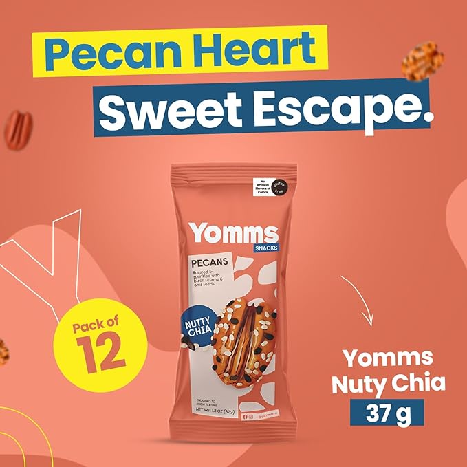 Yomms Nutty Chia Pecans Halves β Low Sugar Healthy Dessert Snack | Crunchy Chia Seeds Pecan Snack | Lightly Sweetened, Honey Roasted Mixed Nuts | Great for Snacking, Salads - 1.3oz - Pack of 12