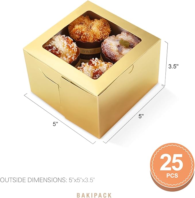 25 Gold Bakery Boxes with Window 5x5x3.5 Inches, Dessert Boxes to Go with Window, Treat Boxes for Small Bakery, Dessert, Candy, Cookies, Pastry, Party Favors, Wedding Cake