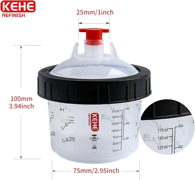 Disposable Paint Cups for Spray Gun,Mixing Cups 6 Ounce (175ml) Kit with 10 Cups and Lids with Strainer System for HVLP&LVLP,1 Hard Cup with Retainer Ring,5 Plugs,1 Cap,1 Wash Bottle