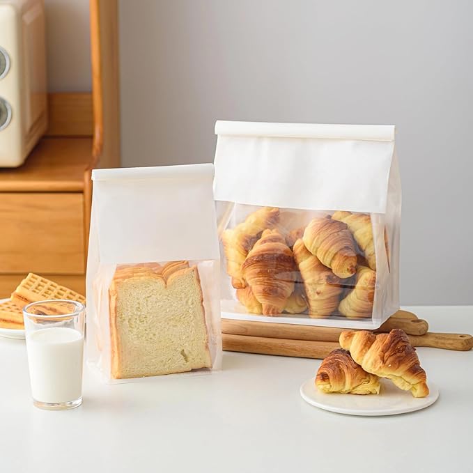 50 Pcs 8.6 Inch White Kraft Paper Bread Bags with Tin Tie, Large Homemade Bread Packing Bag, Thickened Storage Bagel Bag with Clear Window for Sourdough, Baked