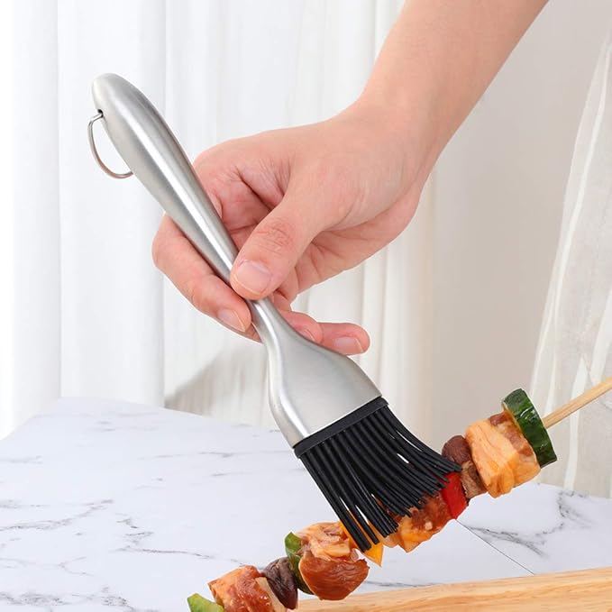 2 Pack Grill Basting Brush with 2 Pack Back Up Silicone Brush Heads, No Shed Bristles Stainless Steel Handles Heatproof Rust Resistant, Pastry Brushes for Kitchen Cooking BBQ, Dishwasher Safe Silver