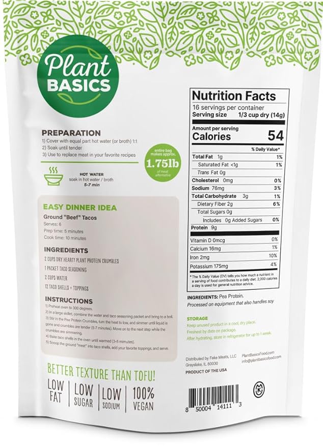 Plant Basics - Hearty Plant Protein - Unflavored Crumbles, 8 oz, Made from Peas, Non-GMO, Gluten Free, Low Fat, Low Sodium, Vegan, Meat Substitute