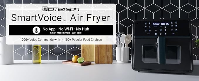 Emerson SmartVoice 10QT 6-in-1 Air Fryer, 1000+ Voice Control Commands, 100+ Recognized Food, No APP, No WIFI, No Setup, Nonstick Basket, Air Fry, Bake, Reheat, Dehydrate, 1700W