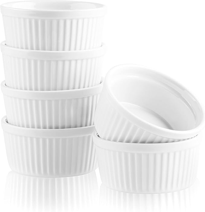 Bellemain Creme Brulee 4 oz Ramekins | Mini Casserole Dish Set, Charcuterie Bowls, Pot Pie Baking Dishes, Soy Sauce Bowls | Fluted Porcelain Bowls, Ramekins Oven Safe to 500F, Set of 6 (White)