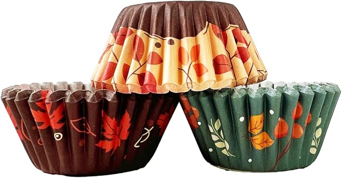 qiqee Thanksgiving Cupcake Liners Muffin Paper Baking Cups 300-Count 6 Original Design Fall Hat Pumpkin Maple Leaf No Smell, Food Grade (Small Size)