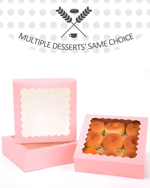 qiqee Auto-pop up Pink Bakery Boxes 50 Packs Pastry Box 8x8x2.5 inch Pie Boxes With Window